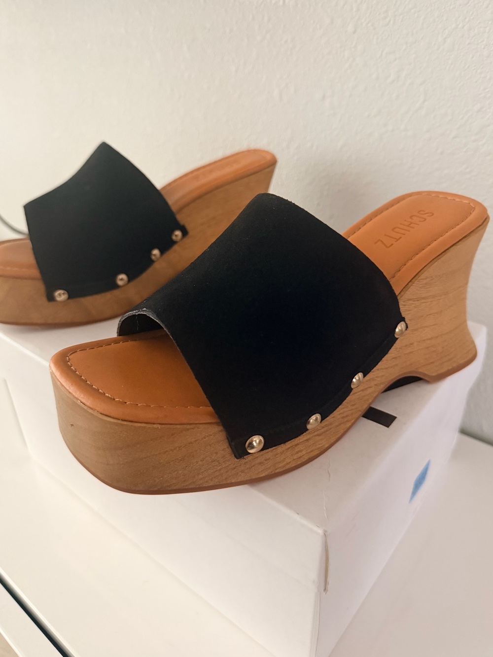 SCHUTZ Black Suede Leather Platform Clog Mules with Wood Heel